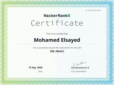 HackerRank - SQL (Basic) Certificate