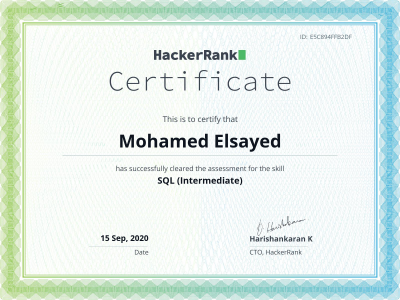 HackerRank - SQL (Intermediate) Certificate